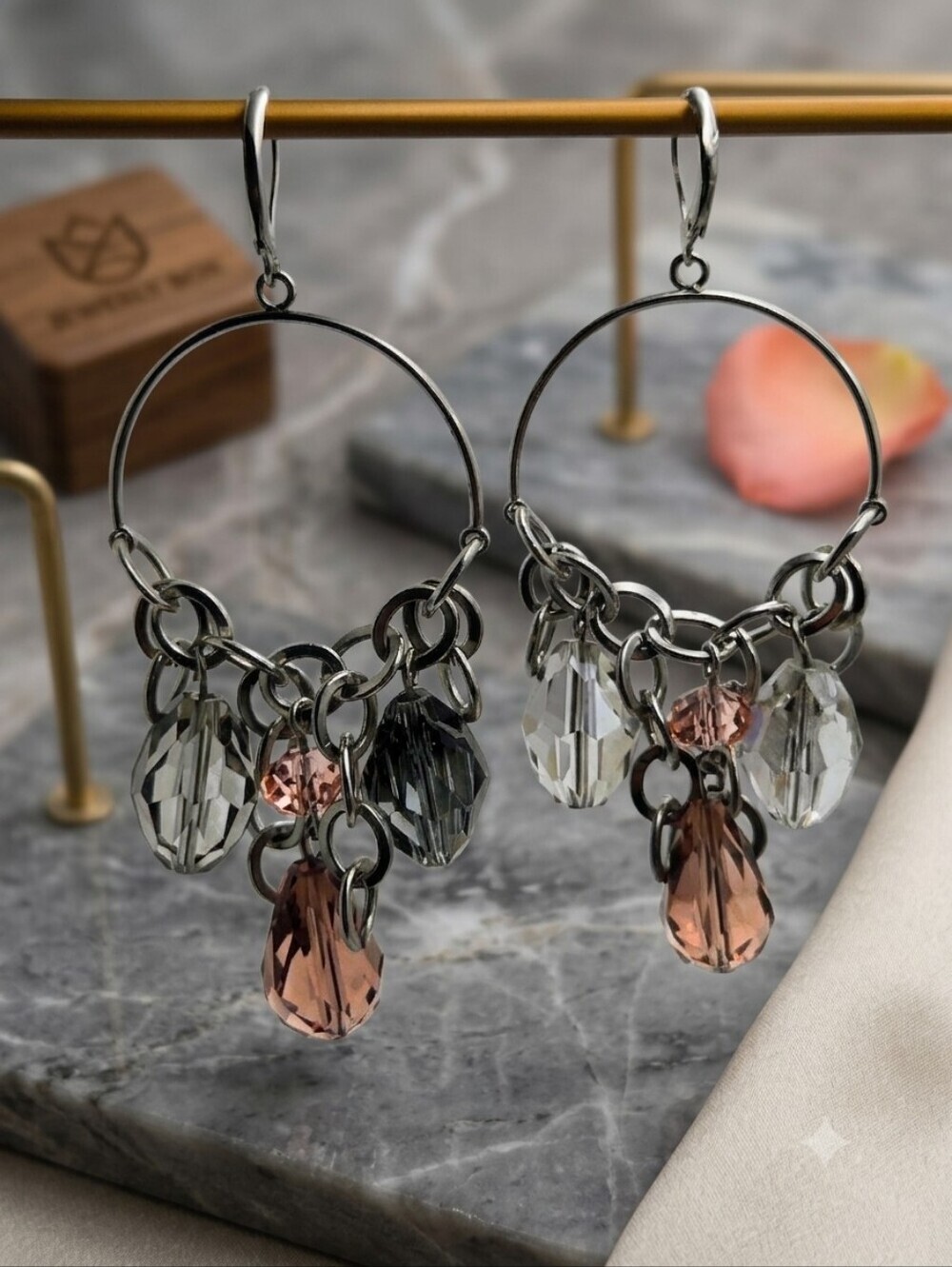 Vintage Silver Hoop Earrings with Rose and Clear Crystal Beads Drops
